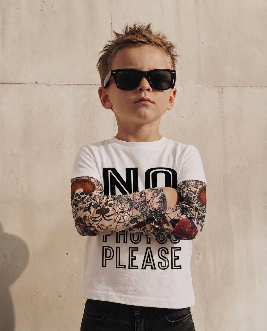 Barn med solglasögon i vit t-shirt med tatueringsärmar